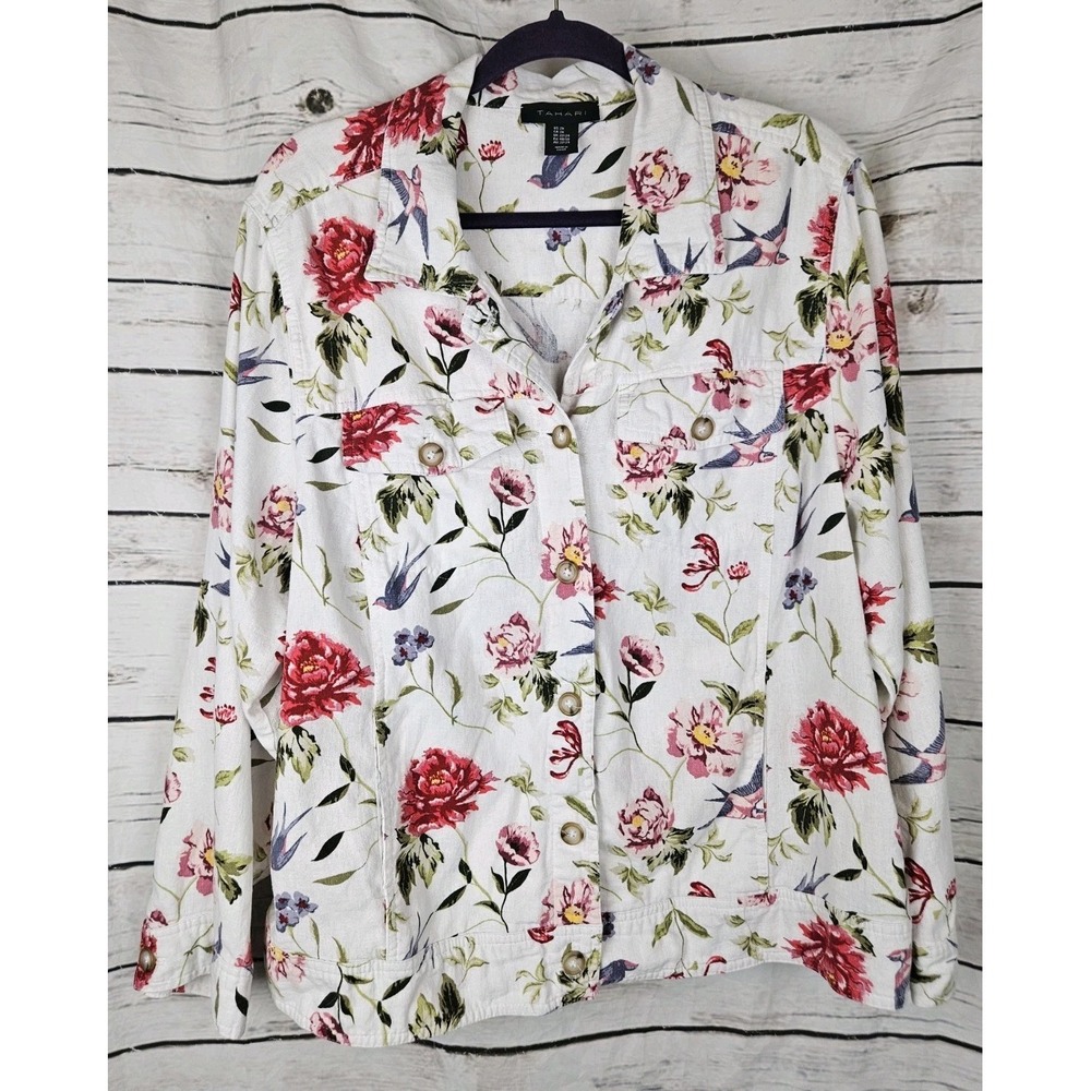 Tahari Floral Linen Blend Jacket 2X Womens Button Stretch Womens Coastal